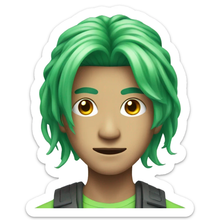 Head of Asian male cyborg with long green hair sticker