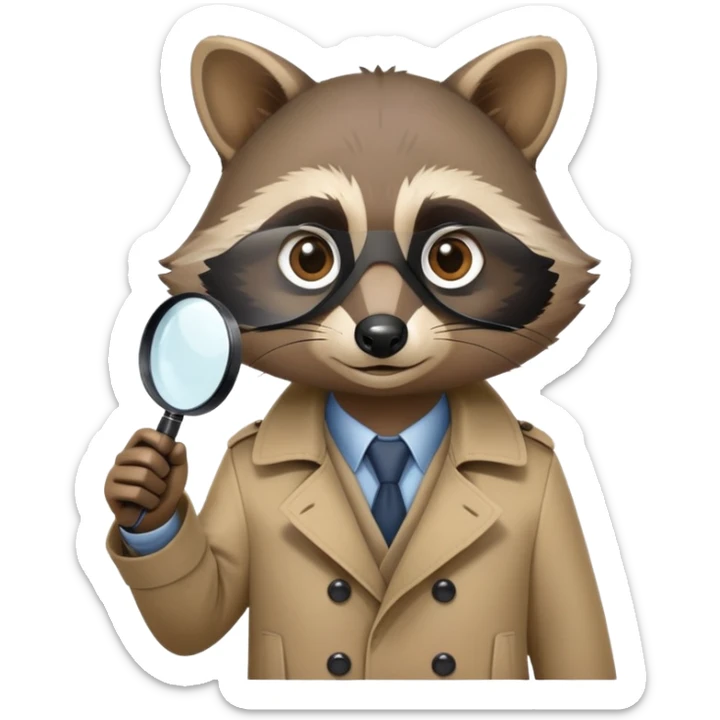 Raccoon private investigator with trenchcoat and magnifying glass sticker