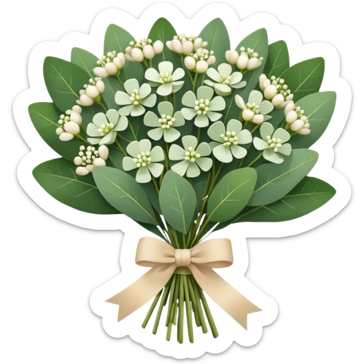bouquet of eucalyptus and gypsophila flowers with beige ribbon sticker