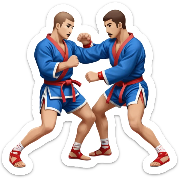 Two Sambo fighters in blue and red kimonos, with shorts and wrestling shoes, performing grappling and throwing techniques. The background shows a wrestling mat and an intense, focused atmosphere. Transparent background highlights the fluidity and skill of the sport without strikes. sticker