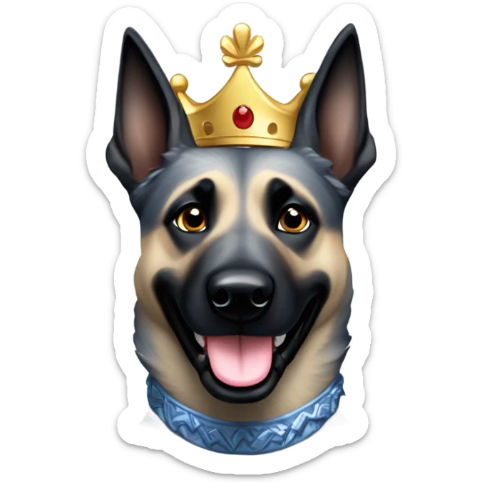 A smiling malinois dark blue merle color, without red and white color with a crown on his head sticker