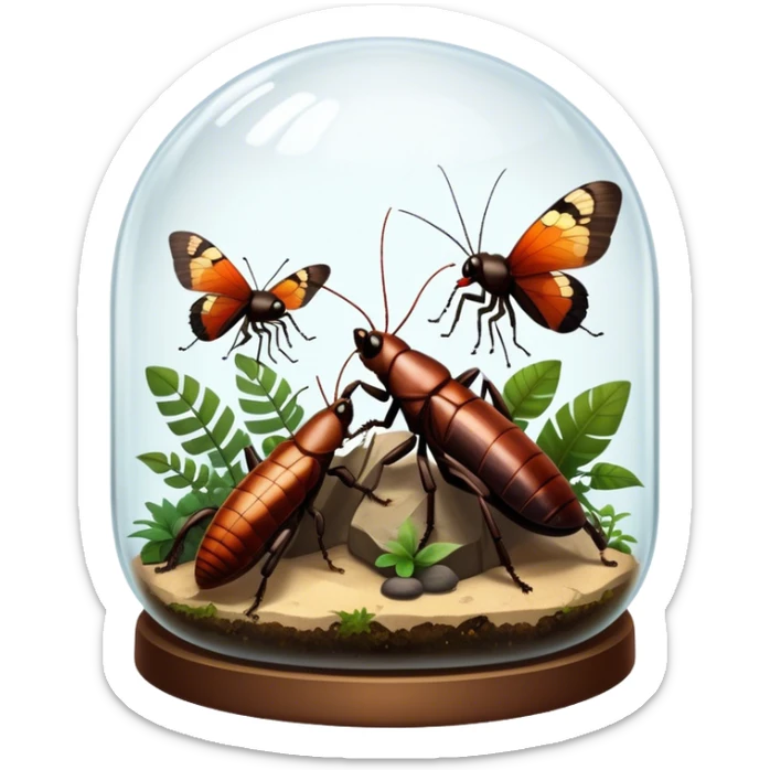 Close-up of giant Madagascar hissing cockroaches, butterflies, and stick insects inside a terrarium, with detailed textures of their bodies, wings, and legs. Soft lighting highlights their features. Transparent background. sticker
