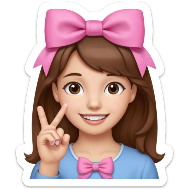 Chica con pelo marron sonriendo con un lazo rosa en la cabeza y con la punta del dedo indice entre los dientes con delicadeza y la otra mano que no salga en el emoji sticker