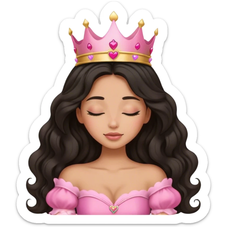 Very tanned princess, with long black wavy hair and a crown, a pink princess Outfit. In love with hearts. With Closed Eyes. Sleeping. sticker