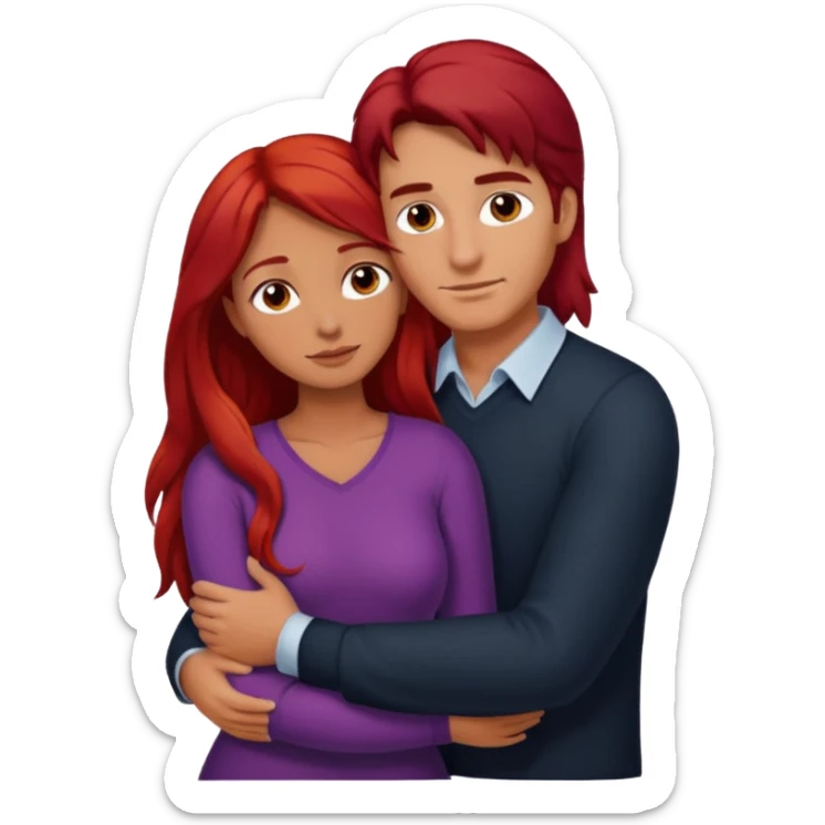 Tall man with dark hair hugging shorter woman with long red hair  sticker