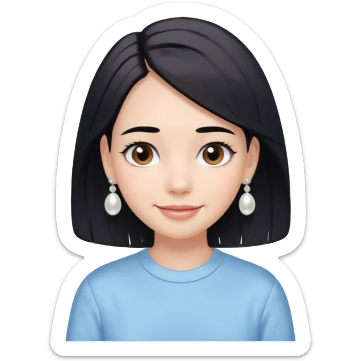  emoji of a smiling girl with a long bob haircut in black-brown color, fair tan skin, soft black eyebrows, and brown eyes. She's wearing a pastel blue shirt, has pearl earrings, and white clean hair clips. Her look is fresh and minimal clean girl aesthetic. Use a white background, sticker