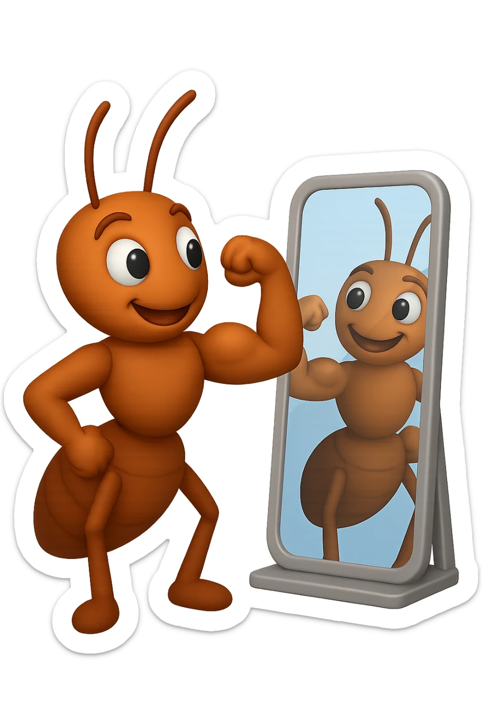 EMOJI STILE IPHONE 3D DI una formica che si guarda allo specchio felice e sicura di sè mentre contrae il suo bicipite muscoloso, fagli anche la parte bianca degli OCCHI, non solo la pupilla sticker