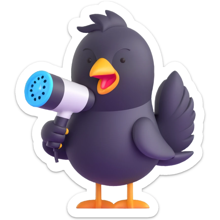 cute soft fluffy hair dryer bird blowing gentle air with a happy face, soft pink, full-body sticker