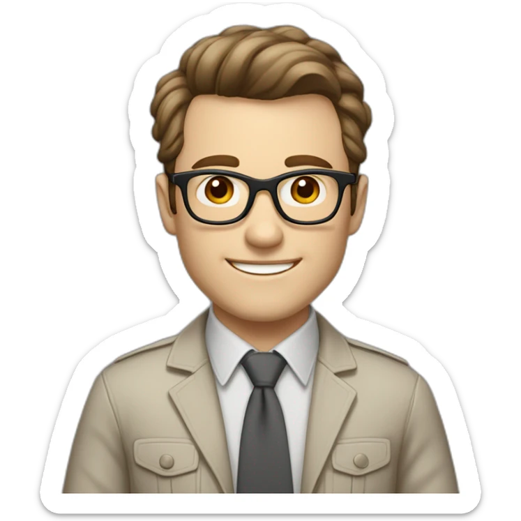 Joyful Pale skinned Fit Man With dark brown hair in gray jacket, beige office shirt, Brown pants and vintage glasses. His thrumbs up sticker