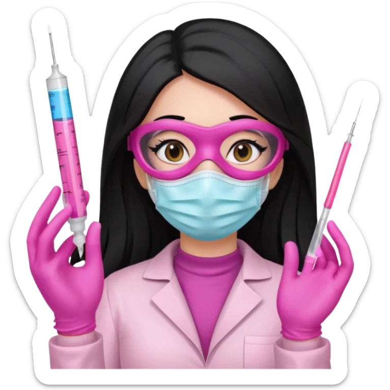 laboratorista con guantes rosa y mascarilla rosa jeringa tubos sin lentes pelo lacio negro y largo sticker
