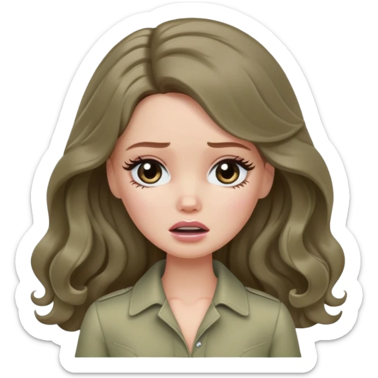 A white Barbie girl with long dark brown wavy hair in pale olive clothes crying sticker