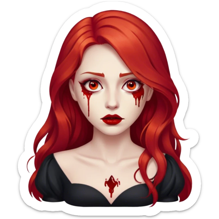 a woman with long red hair and red eyes. The woman wear a black dress. She have red lipstick. blood on face and metaphorical chest sticker