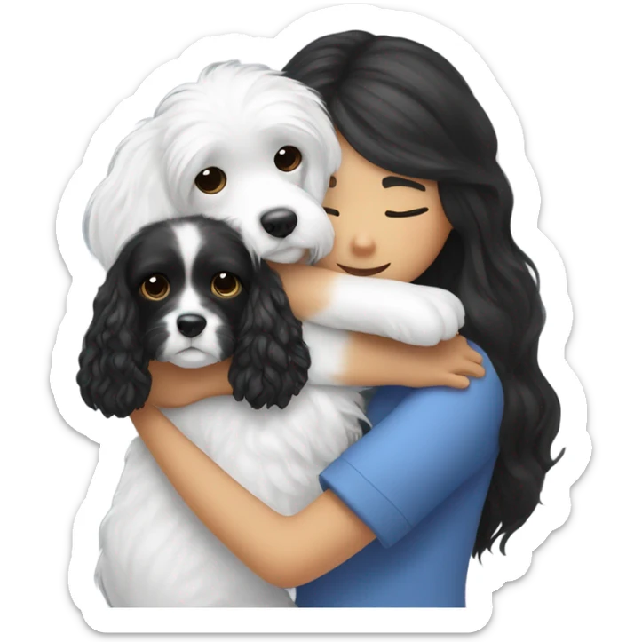 Black and white cavoodle getting hugged by long hair Asian girl sticker