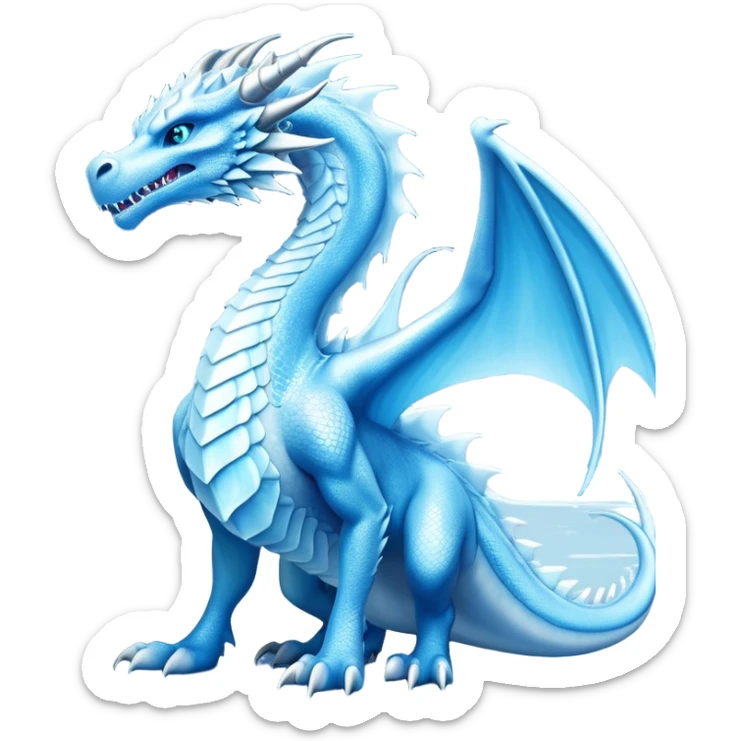 Cinematic Noble wise elegant Ice Dragon full body  Emoji, Poised and imposing, distinct long elegant snout, with a slender, scaled body shimmering in glacial hues of icy blue, frostbitten silver, and crystalline white, breathing out frost, with piercing, glowing ice blue white eyes that radiate the chilling depths of an arctic storm; rendered in detail. excuding wisdom sticker