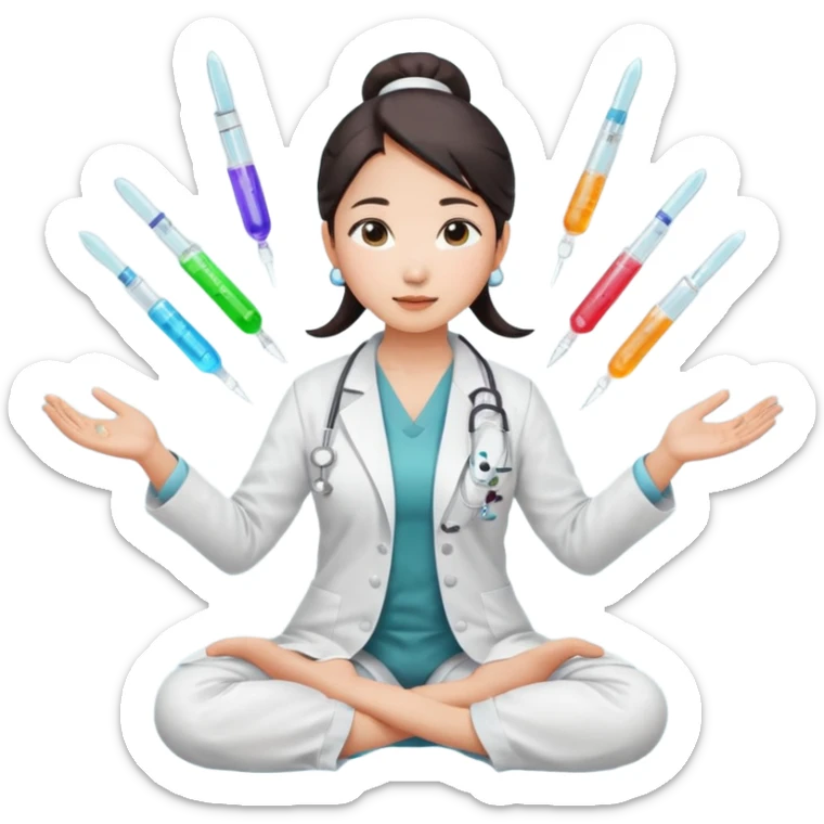 emoji of an asian woman with a single bun in a white lab coat sitting cross legged with micropipettes levitating in an arc around her head, the tips should be pointing away from her and she should not be wearing a steth escope sticker