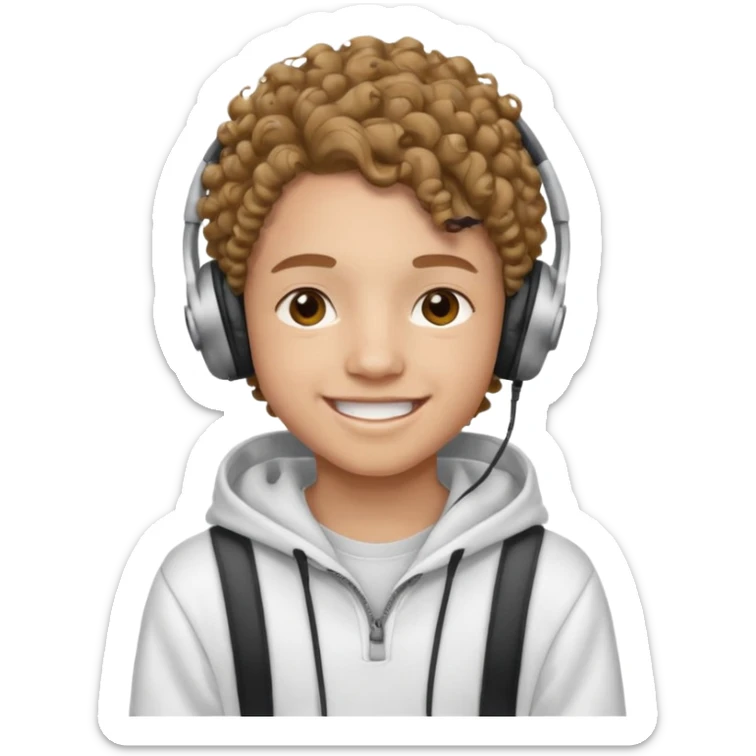 Faça um adolescente de cabelo cacheado médio sorrindo com um aparelho dental e fones de ouvido, com um moletom branco sticker