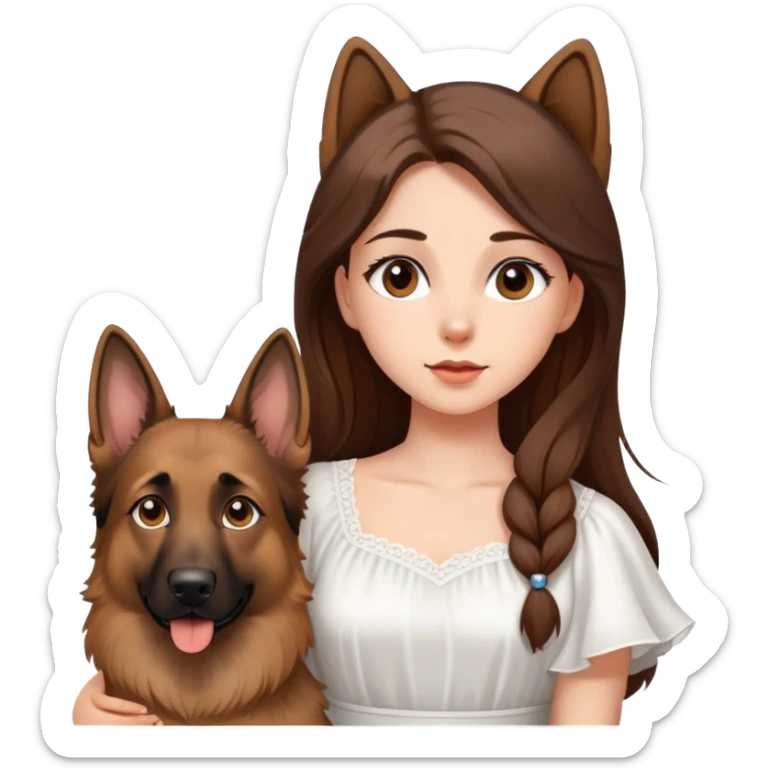 A beautiful girl with big eyes, fair skin, long brown hair with white dress and a German Shepherd dog sticker