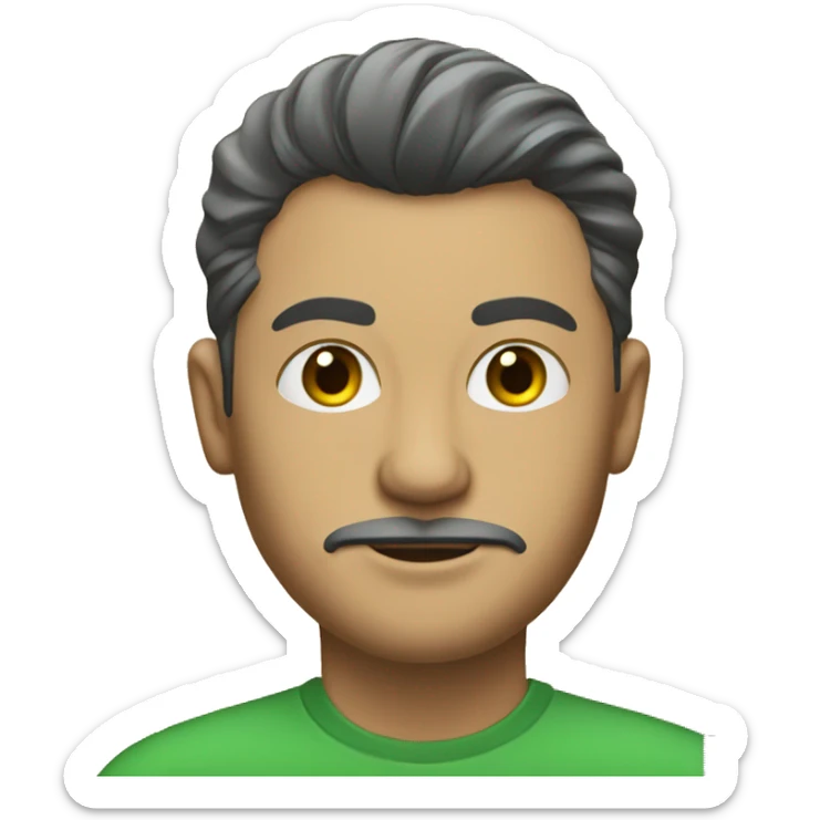 A man with a green shirt and have some lipstick and has one hair and holding a wooden ruler sticker