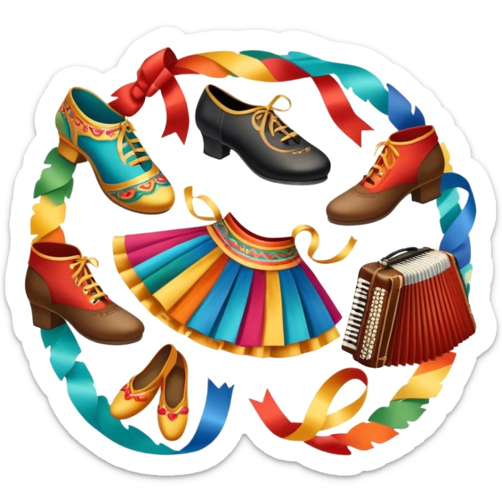 Icon for Folk Dance: close-up traditional dance shoes, colorful folk costumes, and a dance circle with ribbons and musical instruments like a tambourine or accordion. The icon should represent the vibrant and cultural aspects of folk dancing. Transparent background. sticker
