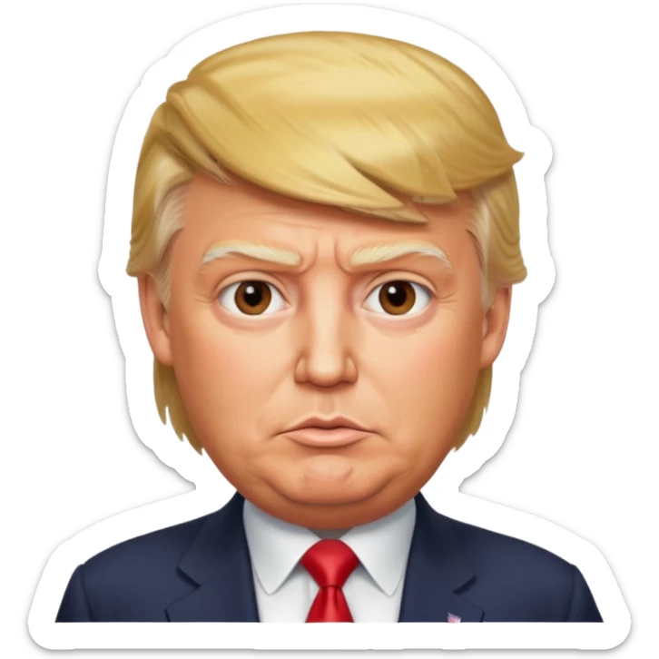 Donald Trump, ultra-realistic, round face, highly detailed and natural skin, very cunning and foxy look, polished finish, plain background, looks like a real photograph sticker