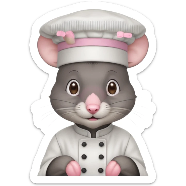 dark gray mouse with large round ears, brown eyes, and a small pink nose, wearing a white chef’s hat sticker