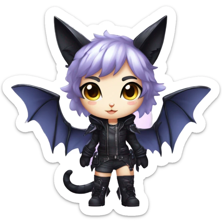 Shiny Chibi Cool Punk Black beautiful fantasy Kawaii Ethereal Sona Fakemon-cat-animal with edgy bat-wings-ears Full Body sticker