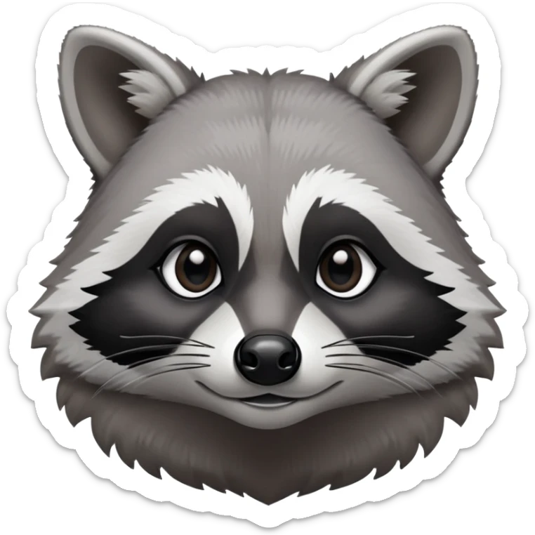 Cinematic-Noble-Raccoon-Portrait-Emoji – Poised and confident, with a sturdy build and a beautifully textured fur of silver-grey accented by dark black facial markings, deep-set, big black eyes, simplified yet sharp and sophisticated zoom out to show shoulders sticker