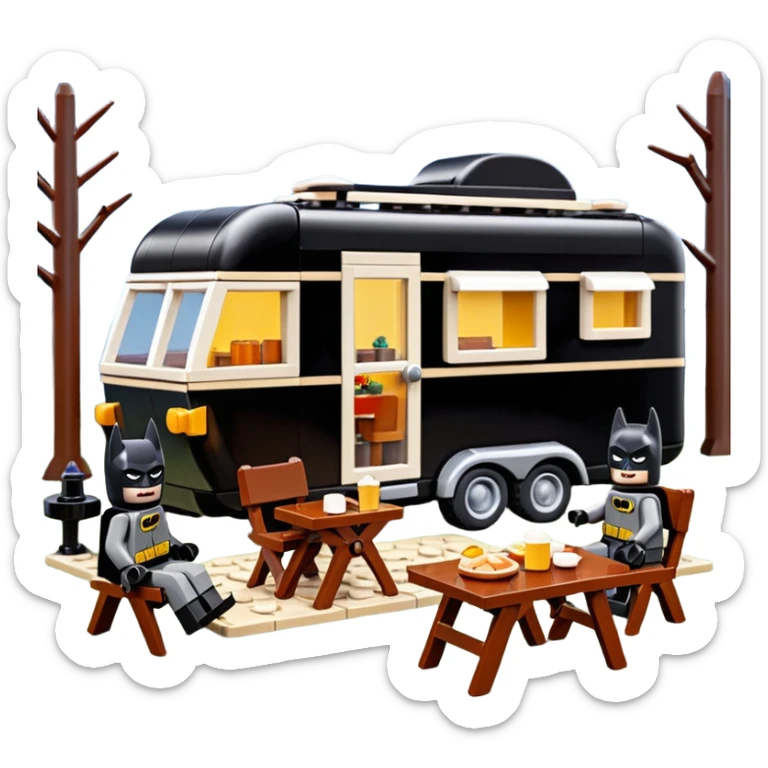  Ultra cute futuristic Lego detailed Batman and pretty Catwoman dream house Caravan with picnic table and folding chairs alone at romantic night(hot chocolate and cheeseburgers on the grill) sticker
