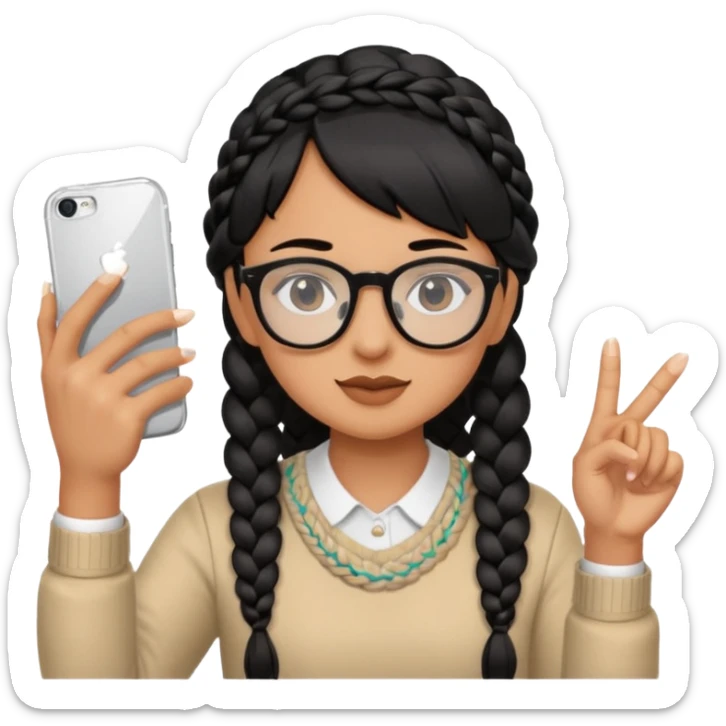 He has braid bangs on one side of his black hair, and he's wearing horn-rimmed glasses and taking a mirror selfie with his iPhone white color sticker