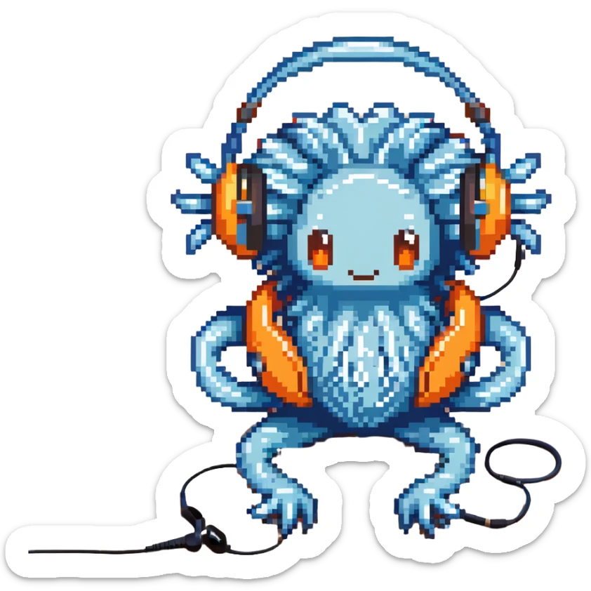 light blue sea anemone with arms, listening to music with headphones, sitting on sand sticker