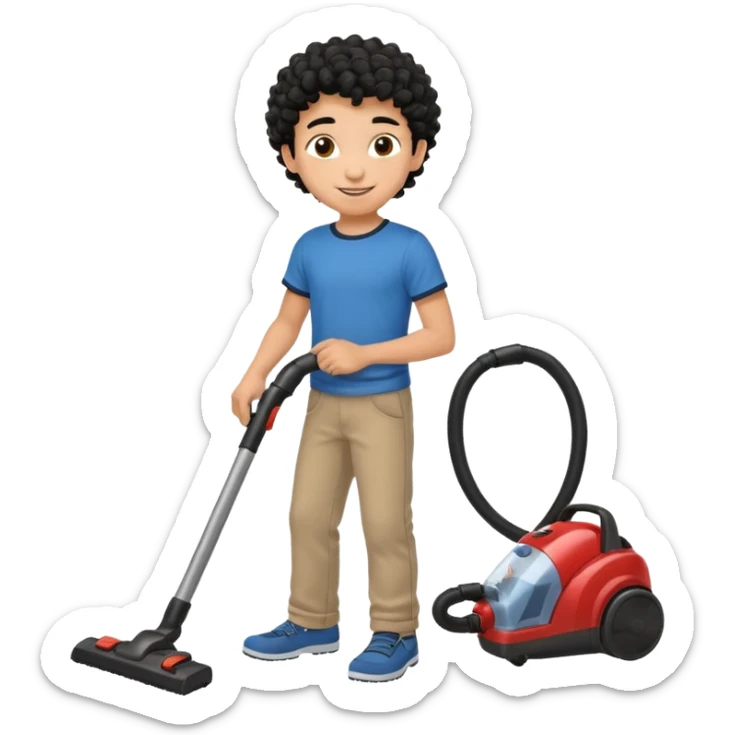 Emoji to encourage kids to do chores - should contain something about house chores, ok replace the broom with a vaccum make it atheltic boy 8 years old - egyptian with curly hair but not too curly -  sticker