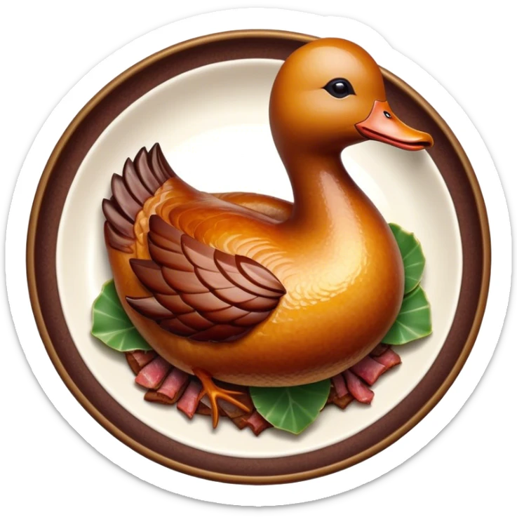 Cinematic Realistic Peking Duck Dish Emoji, depicted with crispy, roasted duck with glistening skin and succulent meat, rendered with rich textures and dramatic, appetizing lighting. sticker