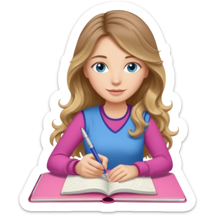 pretty female with long wavy brown hair with blonde highlights and blue eyes writing in a relaxed position in a pink journal with a cup of tea sticker