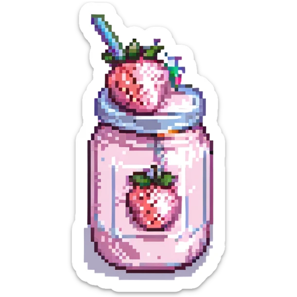 pixel art strawberry milkshake with pink hue and cherry on top, glass with straw, simple background sticker