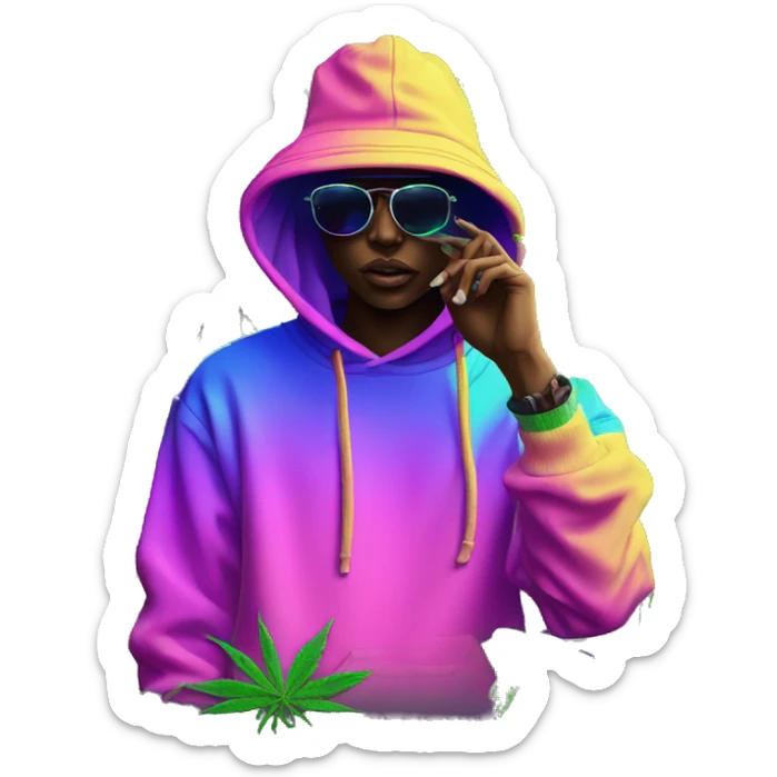 Hemp leaves Multicoloured neon person smoking wearing hoodie dancing hip hop bucket hat tropical Skater fashion aesthetic baggy clothes graphic t shirt 420 sticker