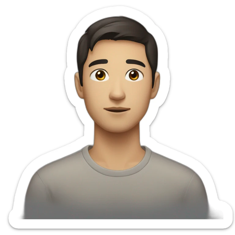 half asian half caucasian 21 year old man with very short dark brown hair wearing crewneck sticker