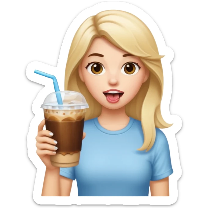 Brunette white girl with blonde ends holding iced coffee and sticking her tongue out  sticker