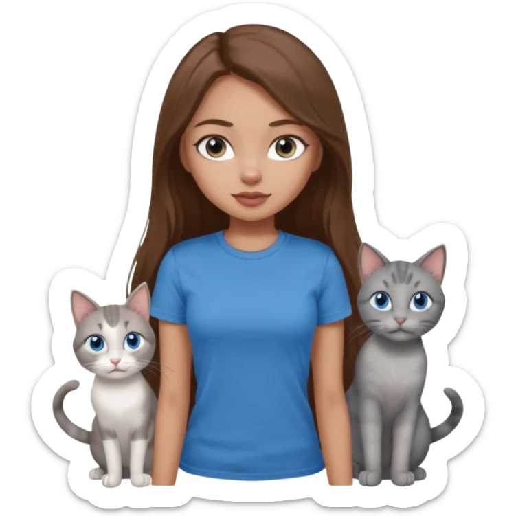 a pretty bratz dusky light skin girl with long brown hair, blue eyes with six cats nd wearing a grey tshirt sticker