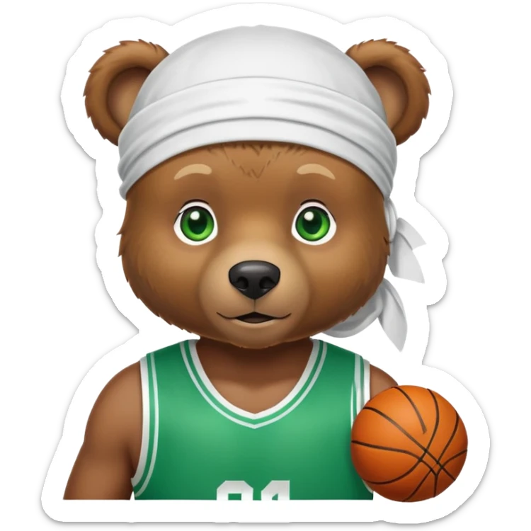 Cute brown bear with green eyes shown up to shoulders, wearing a white durag and black basketball jersey, visible upper chest and shoulders, iOS emoji style sticker