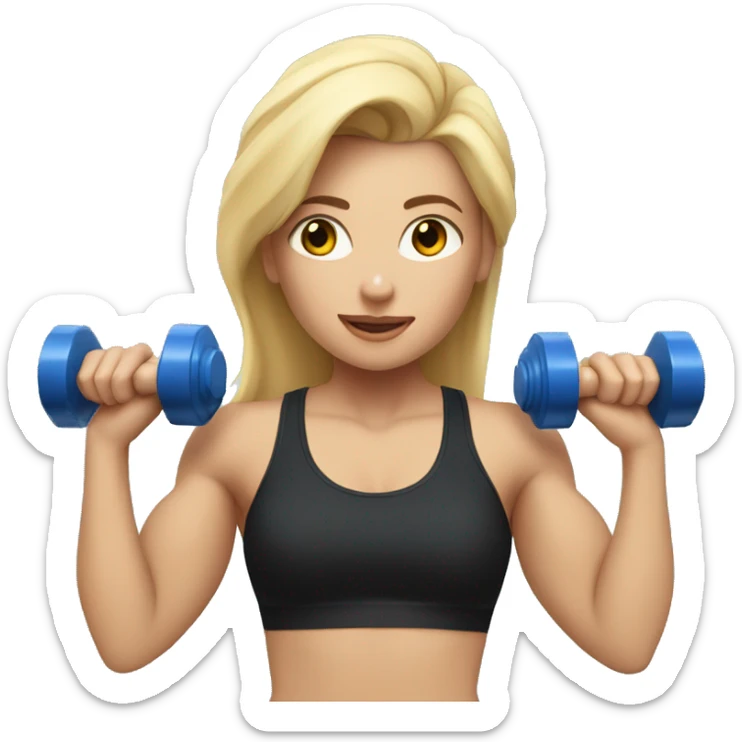 blonde woman working out with a black tank top and a blue shorts and she is holding a dumbell sticker