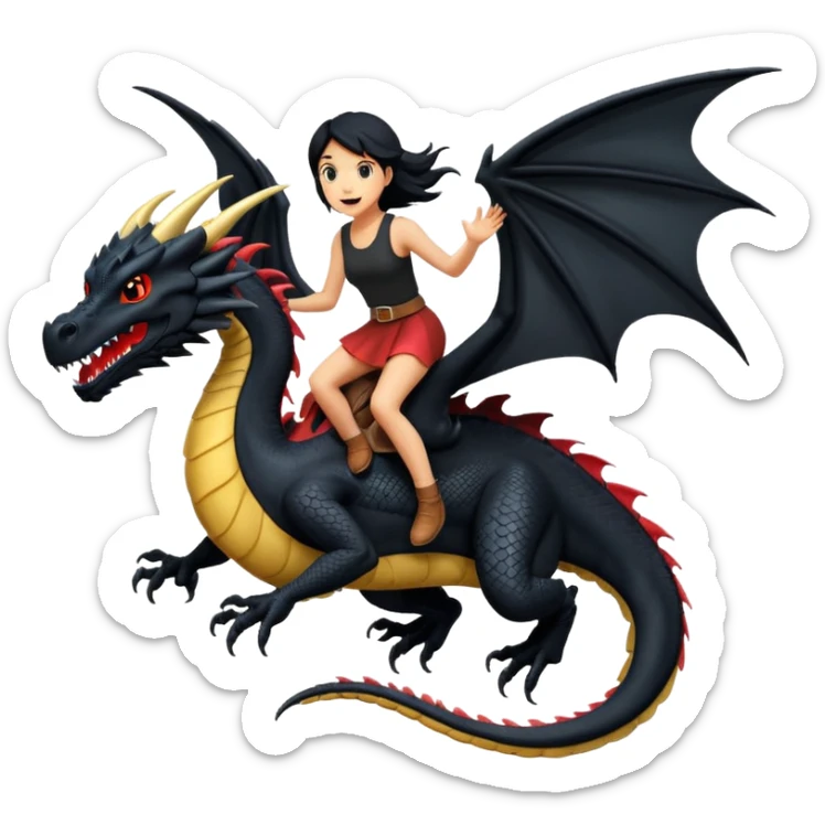 Extreme huge black dragon flying with a female rider on top of it sticker