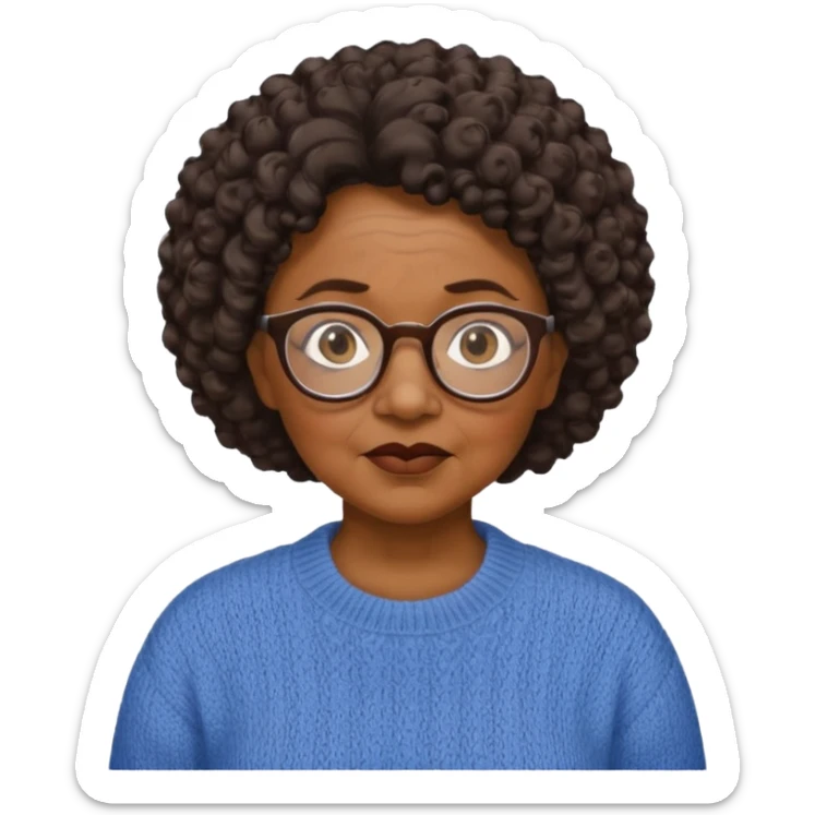 Old black woman, solemn, wearing glasses and sweater, short curly hair sticker