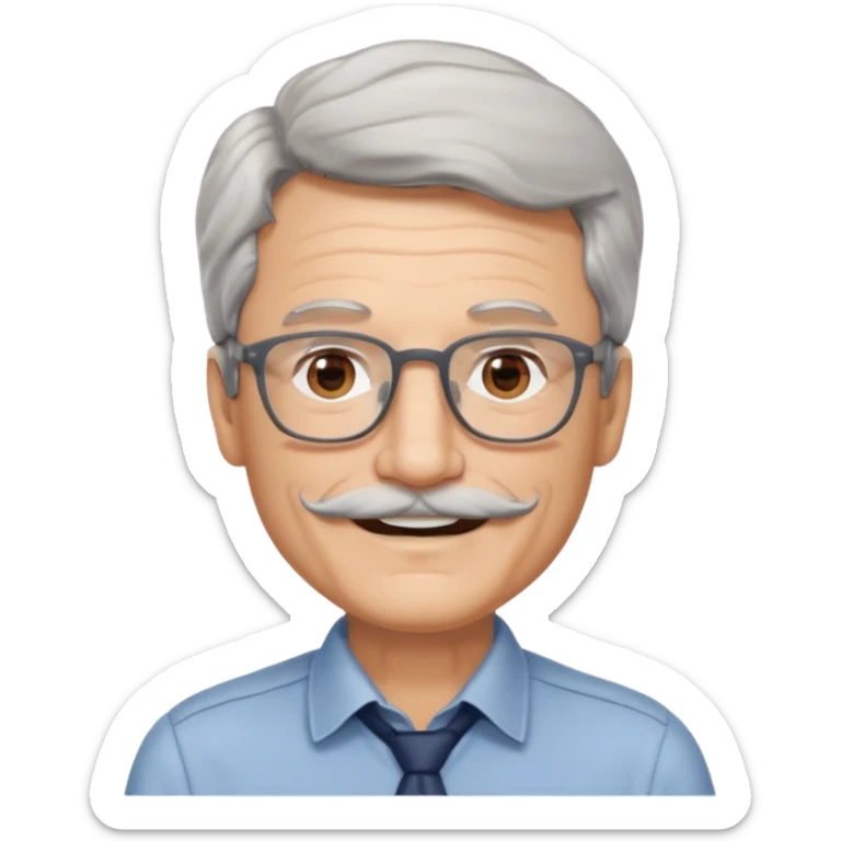 Generate a portrait of a slightly older man with glasses. His hair is quite thin, gray, but wavy. He has brown eyes, a mustache, and is smiling. sticker