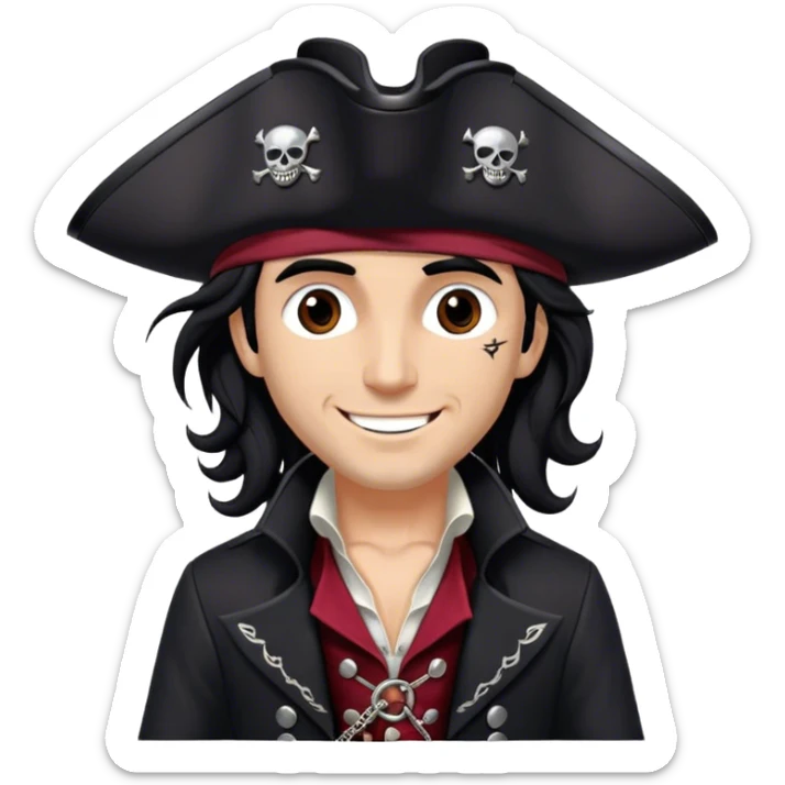 A charismatic pirate with wavy black hair that falls just past his shoulders, tousled slightly by the sea breeze. He wears a black tricorn hat with subtle silver embroidery along the edges, casting a shadow over his sharp, confident features. His piercing dark eyes glint with mischief as he gazes to the side, a knowing smile playing at his lips. His well-fitted black coat, adorned with polished silver buttons and intricate stitching, moves slightly with the wind, revealing glimpses of a deep-crimson waistcoat underneath. A silver chain dangles from his belt, catching the dim golden light of the setting sun. His posture is relaxed yet assured, exuding effortless charm as if he owns the sea itself. sticker