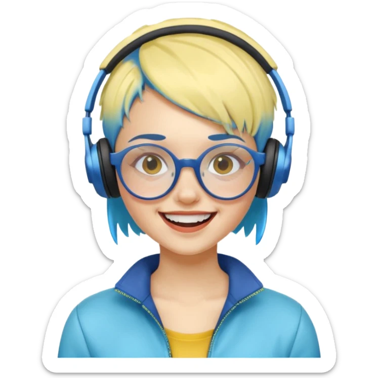 yellow-skinned girl, short blue ombre hair, futuristic glasses, wireless headphones, laughing out loud sticker