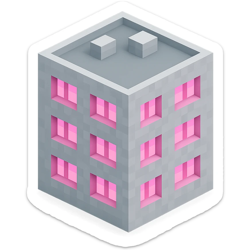 Russian panel apartment building, square block shape, light gray concrete, windows glowing pink, isometric view sticker