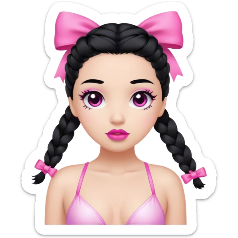 one braid black hair, black eyes, pink lips, long lashes, wearing pink bow and white swimsuit sticker