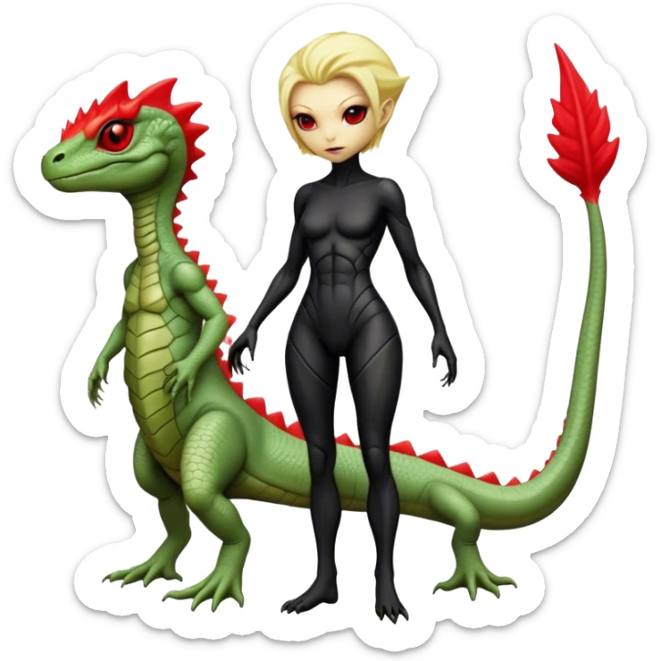 a blonde reptilian alien woman,  red crest as, men in black, full body, full figure sticker
