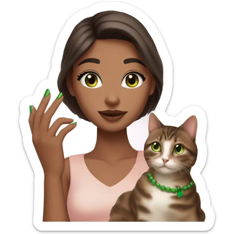 A girl with green eyes and dark brown straight hair, and makeup nude lipstick  and eyelashes, slightly tanned, oval light pink fingernails ,white top, holding a brown tabby cat with green eyes  sticker