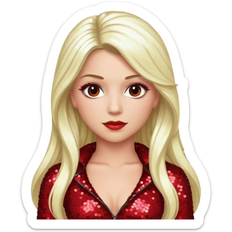 Tiffany Valentine with long platinum blonde hair, dark red sequin outfit sticker